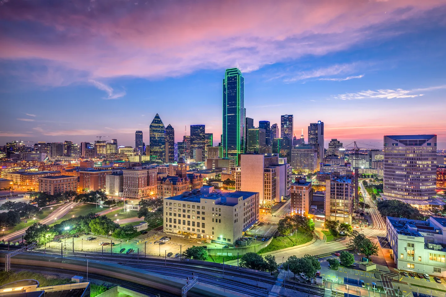Dallas skyline at sunset