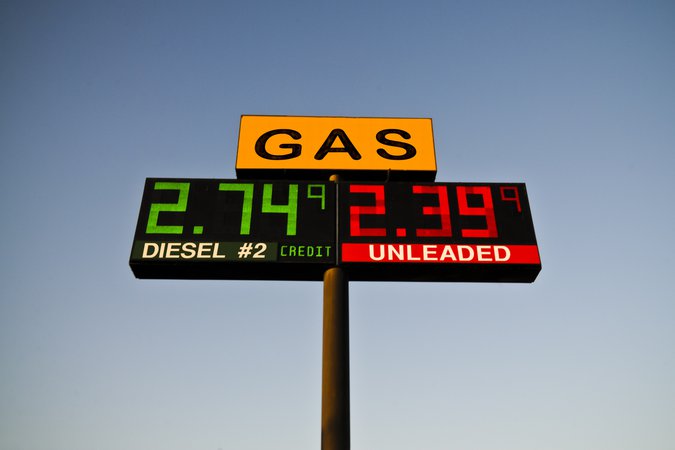 Gas pump price sign in Virginia as average prices ease to about $4.12 a gallon
