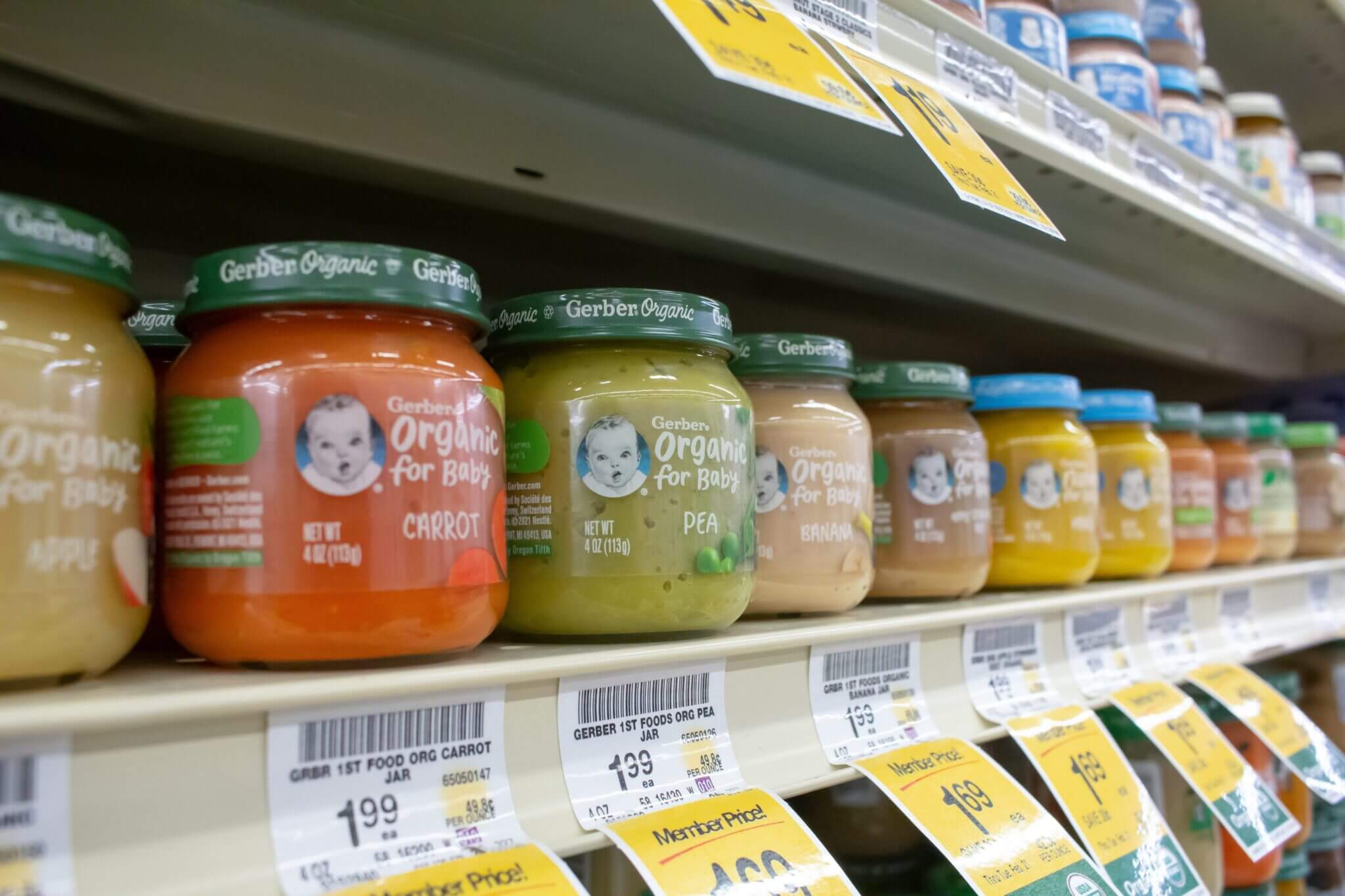 Gerber baby food on a store shelf