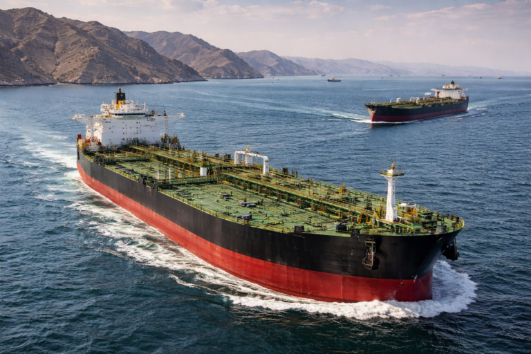Oil tankers sailing through a strait