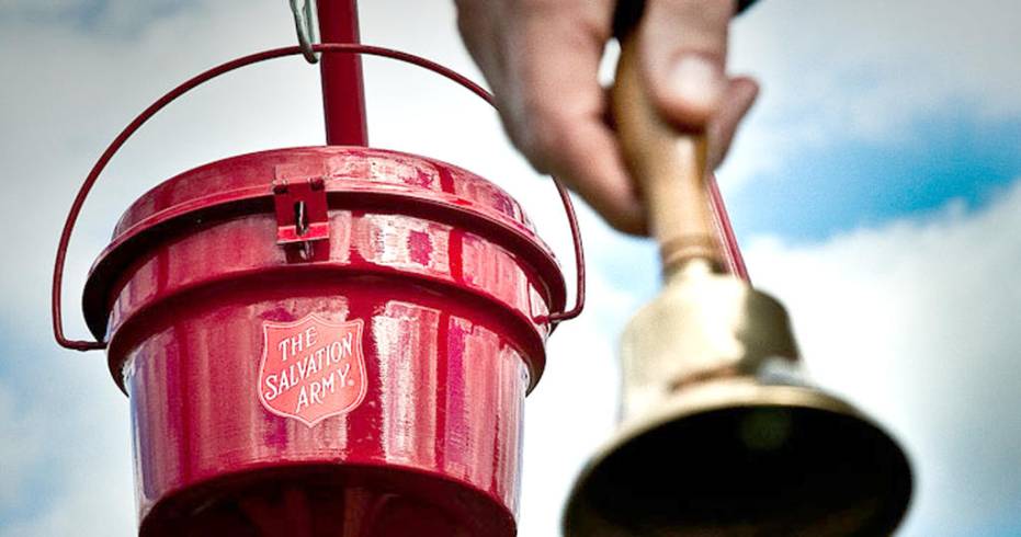 Alcancía roja y campana del Salvation Army