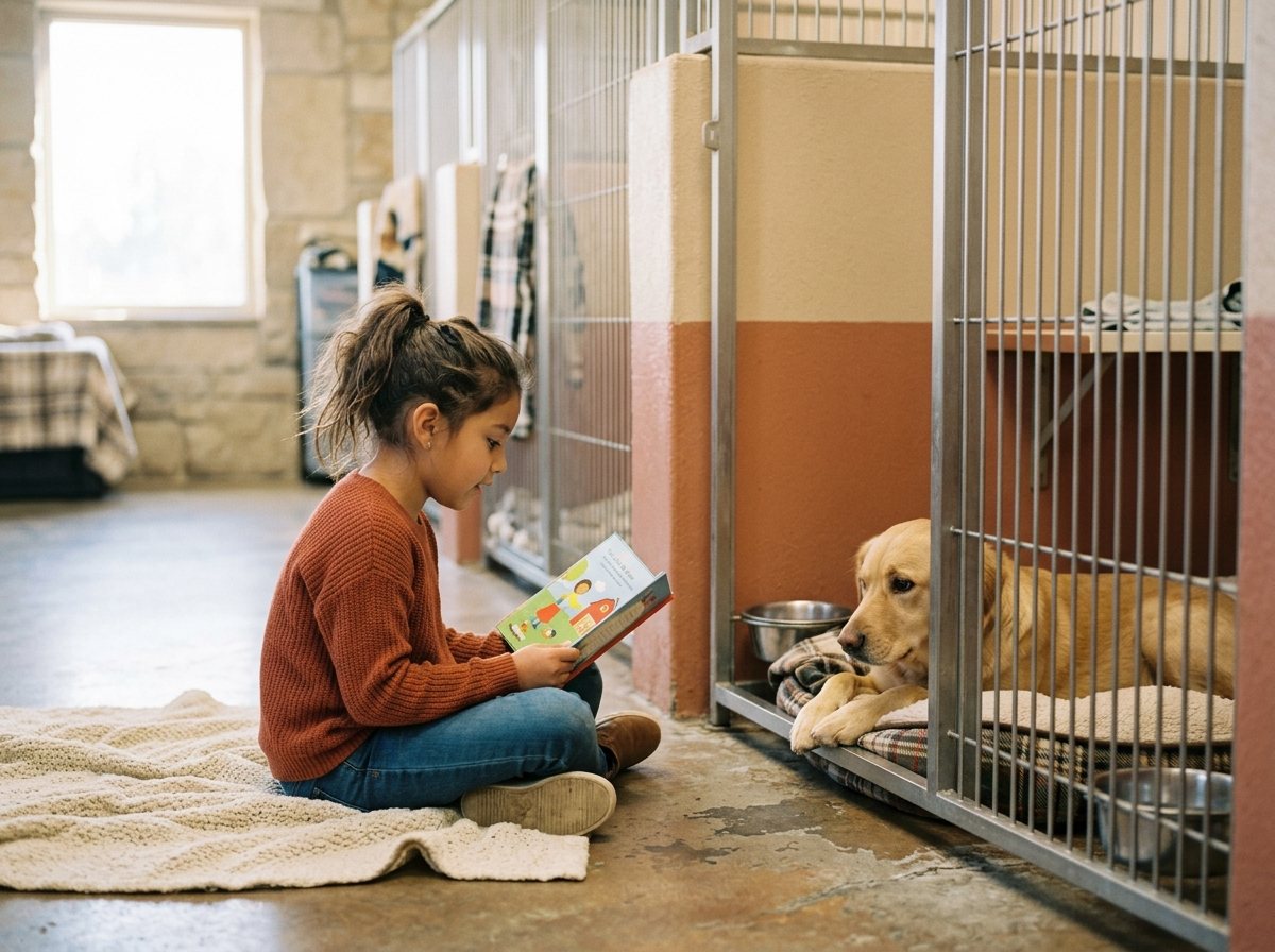 Una niña leyendo un libro ilustrado a un perro del refugio