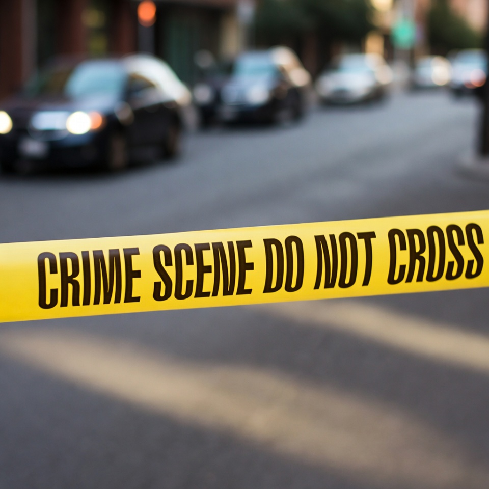 Yellow crime-scene tape across a street