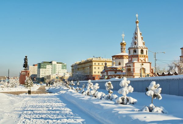 Snow-covered Irkutsk with a church