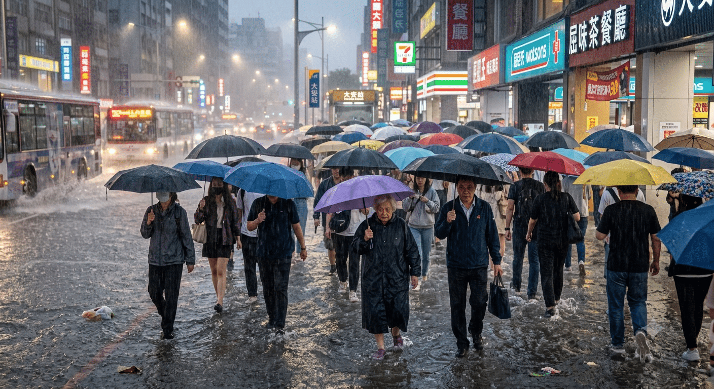 People with umbrellas walking through heavy rain on a Taipei street
