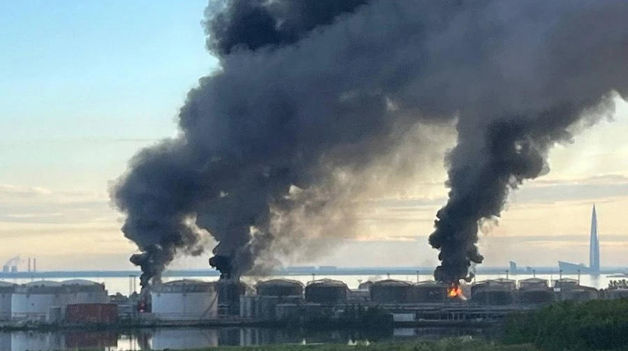 Smoke rises from the St. Petersburg Oil Terminal
